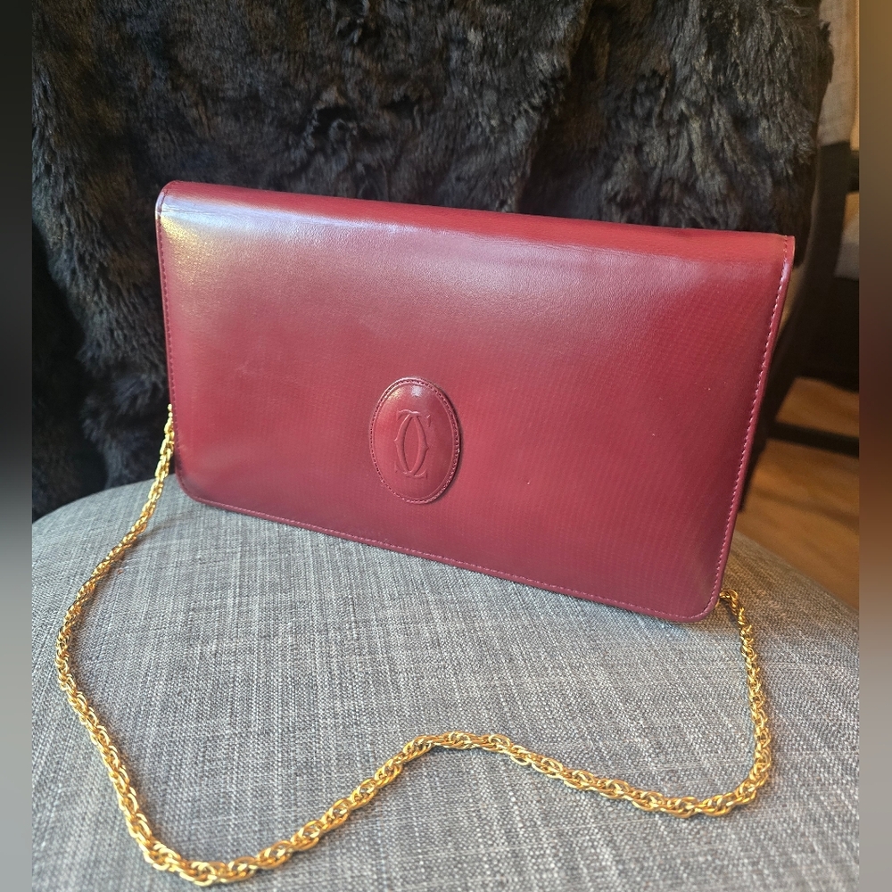 Elegant Cartier Burgundy Leather Shoulder Bag Or Clutch with Gold Chain